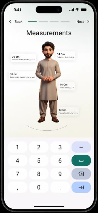 The Digital Darzi app open on a customer's measurement card